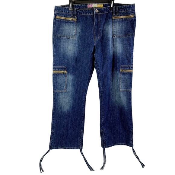 Old Skool Jeans Womens Plus Sz 22 Drawstring Side Bottom Blue Denim Zip Pockets - Picture 1 of 14